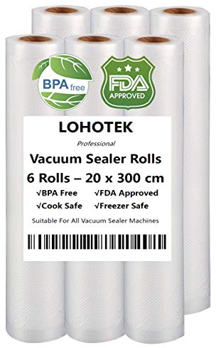 LOHOTEK Rollos para Envasadora Sellador de Vacío 6 Packs 20cmx300cm Bolsas Profesional para la Conservación de Alimentos Protector la Comida para Cocina