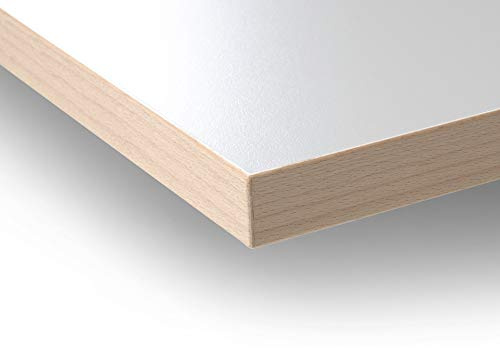 Holz Tischplatte in 2,5 x 90 x 180 cm, Kante Buche, Weiß Matt geperlt | Platte für Arbeitstisch mit Buche-Umleimer, beidseitiger Laminatbeschichtung und einem Kern aus Spanplatte