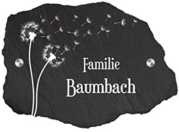 Schieferei – personalisiertes Schiefer Türschild – Schiefer Familienschild mit Wunschtext wie Name, Hausnummer uvm. selbst gestalten – Handmade in Germany (16 x 22 cm | Motiv: Pusteblume)