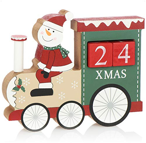 COM-FOUR® Adventskalender aus Holz - Würfelkalender in Zug-Form - dekorativer Tischkalender als Countdown bis Weihnachten - Holzblockkalender