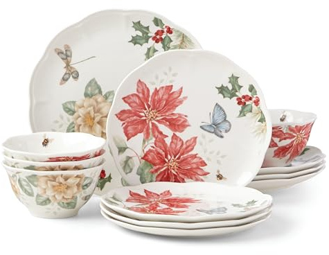 Lenox 884473 Butterfly Meadow Holiday 12-Piece Dinnerware Set, Christmas, Hosting