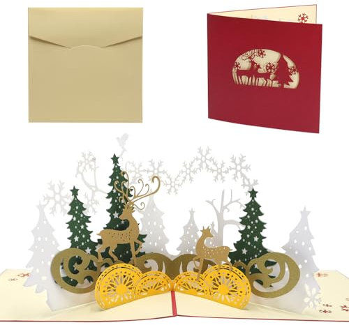Weihnachtskarten, 3D Klappkarten mit Weihnachtsbaum-Motiv, Bestes Geschenk für Weihnachten, Umschlag enthalten, Chrismas Geschenkkarte, Santa Claus (Hirsch)