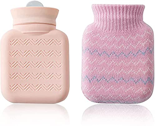 Petite Bouillotte, avec Housse Tricotée, Mini Chauffe-mains en Silicone, Peut être Réchauffé au micro-ondes, Sacs D'eau de Thérapie Chaude et Froide, Convient aux Enfants et aux Adultes (Rose)
