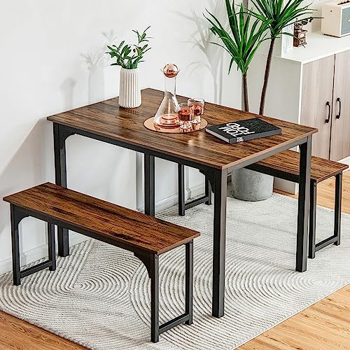 NAFORT Dining Table Set for 4, 3-Piece Kitchen Table with 2 Benches, 43.5’’ Space Saving Dining Room Table with Reinforced Metal Frame & Solid Wood Top, Ideal for Home, Restaurant, Patio Outdoor