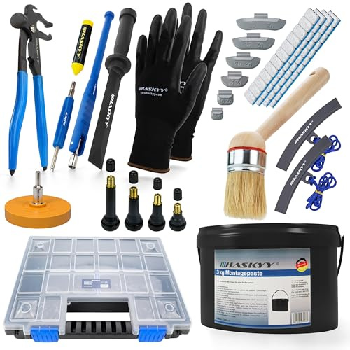 HASKYY Kit Completo Montaje Neumáticos 336 pzs - Pasta Montaje Negra 3 kg, Pesas Equilibrado Adhesivas y de Golpe, Válvulas TR412/413/414/418, Alicate Pesas, Extractor Válvula, Borrador Adhesivo, Caja