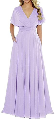 HPPEE Robe de demoiselle d'honneur de mariage, robe de soirée formelle, robe de soirée avec poches pour femmes et jeunes, lilas, 44