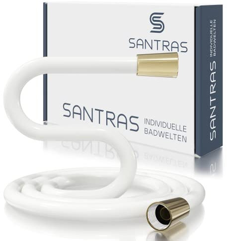 SANTRAS® Duschschlauch PREMIUM Weiß/Gold 2,00 m mit Durchflussbegrenzer – Besonders flexibler Brauseschlauch aus Easy Clean Material MADE IN GERMANY…