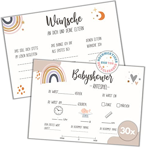 MOCADA 30x Hochwertige Babyparty Ratespiel Karten – Babyshower Spiele Tippkarten zum Ausfüllen für Jungen & Mädchen – Persönliches Geschenk zur Gender Reveal Party (A6 beidseitig bedruckt – Pappe Q)