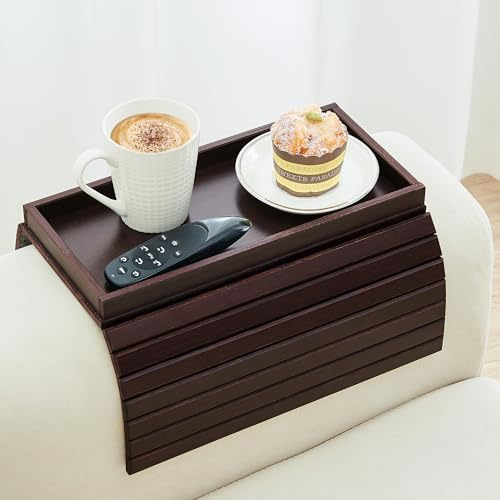 GEHE Bamboo Sofa Arm Tray, Foldable Couch Arm Tray Side Table, Anti-Falling Armrest Tables Cup Holder for Snacks, Drinks, Beers, Phone, Control, Flexible and Portable, Anti-Slip Bottom