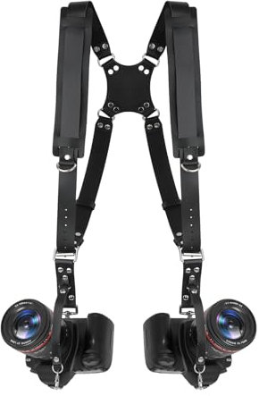 FROMSIJOE Sangle en cuir pour appareil photo, double harnais pour photographes, pour deux appareils photo reflex numériques/SLR, noir, noir, camera harness