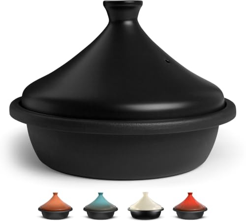 Kook Tajine marocain en fonte pré-assaisonnée avec couvercle fermé en forme de cône en céramique, 3,3 l, noir