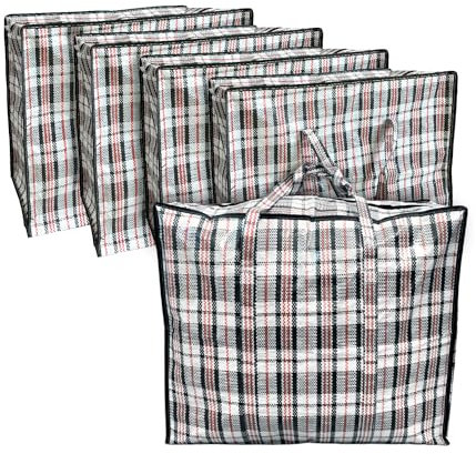 ANSIO Large Laundry Bags Pack of 5 Storage Bags Reusable Laundry Bags with Zips Ideal for Moving House Clothing & Wardrobe Storage (60L x 25W x 50H cm)