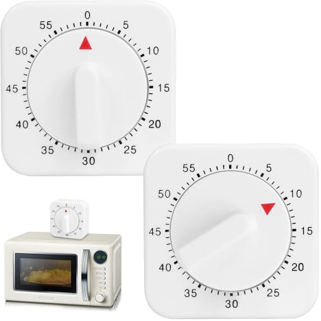 2-Pack Kitchen Timers, 60-Minute Mechanical Countdown Alarm, Square | Lightweight Plastic Housing with Wind-up Use, Clear Dial and Loud Ring; No Batteries Needed for Baking, Workouts, Study.