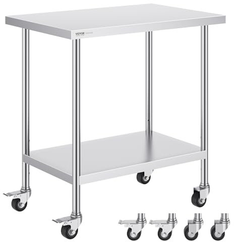 VEVOR Stainless Steel Work Table 24 x 36 x 38 Inch, with 4 Wheels, 3 Adjustable Height Levels, Heavy Duty Food Prep Worktable for Commercial Kitchen Restaurant, Silver