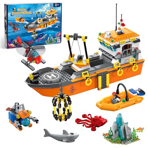 AKWME City Ocean Explorer Ship Building Set, Exploration Boat Set Toy Building Block with LED Lights, Helicopter, Submarine and Shark Cage, Birthday Gifts for 6 8 10 12 Years Old Boys Kids Girls