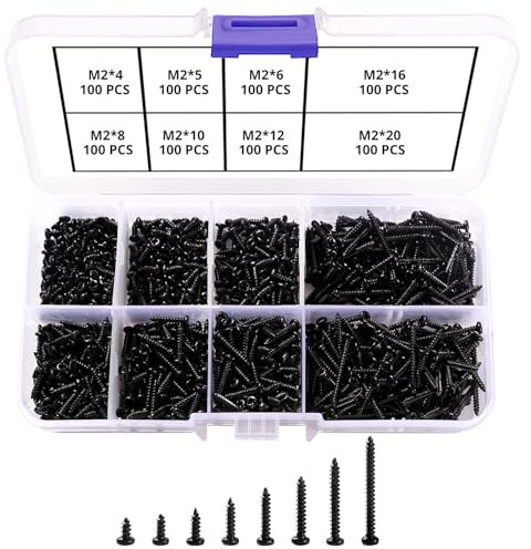 VooGenzek 800 Stück M2 Selbstschneidende Schrauben, Linsenkopf Blechschrauben Kreuzschlitzschrauben, Kohlenstoffstahl Schrauben, für Kunststoff Holz Weichmetall (Schwarze Miniaturschrauben)