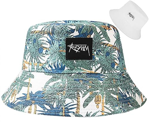 Malaxlx Damen Kokosnuss Palme Muster Weiß Fischerhut Bucket Hat Anglerhut Sonnenhut Reversibel Fischerhüte Sommerhut Faltbarer Strandhut Draussenhut