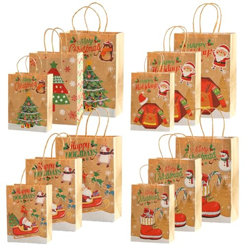 12 Stück Weihnachts Kraft Geschenktaschen,Geschenktüten Aus Kraftpapier Zum Thema Weihnachten,3 Verschiedene Größen,Kraftpapier Geschenktüten Mit Griff,Für Advent Süßigkeiten Weihnachts Party (Stil-C)