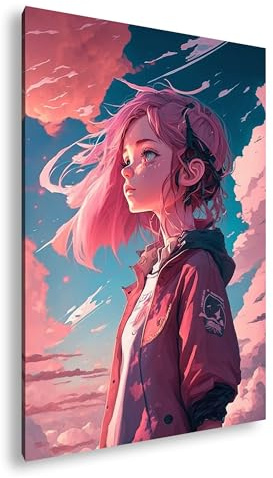 Leinwandbild Anime mit rosafarbenem Haar blickt in Wolken Format: 100x70 cm XXL Kunstdruck Bild auf Keilrahmen/Wandbild/Wohnzimmer Deko