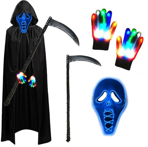 PASLFC Sensenmann Kostüm Erwachsene,Leuchtende Maske Set mit Sensemann Umhang und Sense und Glow Handschuhe,Halloween Kostüm Erwachsene,Kostüm Halloween Herren für Party Karneval Cosplay