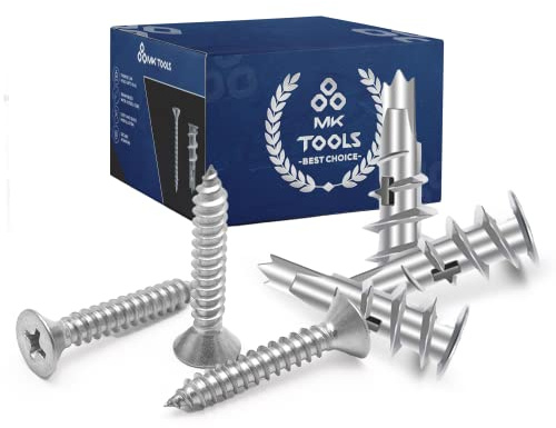 MKTOOLS |120 Pack Mettallic Self Drill Screw and Wall Plug, Plasterboard Fixings, Heavy Duty, Tight Grip & Strong Hold Wall Fixings, Wall Plugs for Plasterboard, 60 Screw + 60 Anchors/plugs