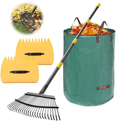 Rake for Leaves: Large 18 Wide Metal Leaf Rake, 65” Long Handle,25 Tines,Heavy Duty Graden Rakes Set for Lawn Yard Pine Needles Mulch Thatch Debris Cleanup Set with 32Gallon Leaf Bags and Scoops