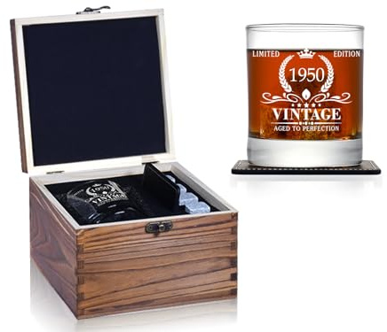 Triwol Vintage 75th Birthday Whiskey Glass & Stones Set, 11 Oz Crystal Glass, 4pcs Granite Chilling Rocks, Coaster, Perfect 75th Gift for Men