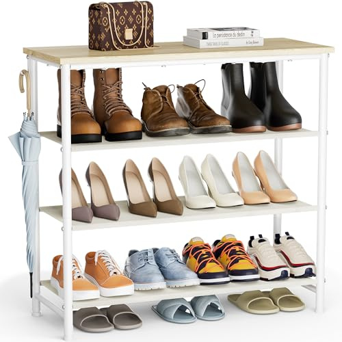 HOMIDEC Schuhregal,4-Ebenen Schuhablage mit Holzbrett als oberstes Regal | Schuhaufbewahrung für 12-16 Paar Schuhe und Stiefel,Ablagen aus Vliesstoff schuhregal platzsparend geeignet(Weiß)
