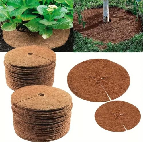 MIKONI Kokos-Mulchscheibe 25/35/45 cm, Dicke: 7mm, Winterschutz Kokosmatte Baumschutz Frost-Scheibe mit Kübelabdeckung, Pflanzen-Schutz, Frostschutz Kälteschutz für Pflanzen (3er-Set Ø 45cm)