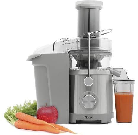 Omega Centrifugal Juicer with Extra Large Chute High Speed Extractor For Fruits and Vegetables, Features 2 Speeds Stainless Steel Filter and Large Pulp Container, 1000-Watts, Silver