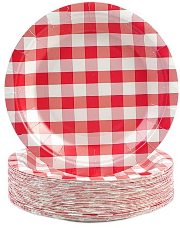50 Stück Gingham Teller, 18cm Rot karierte Pappteller kariert Dessertteller Einweg Party Teller Geschirr Geschirr für Weihnachten Picknick Hochzeit Geburtstage Camping Party Supplies Dekorationen