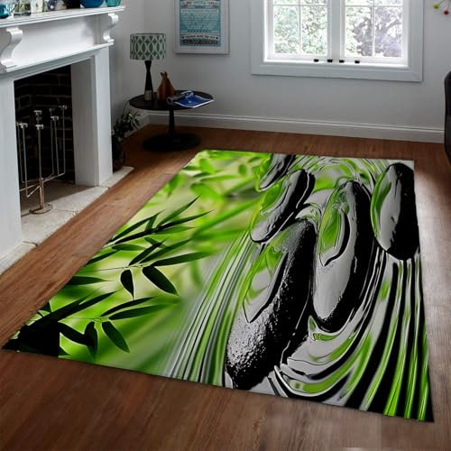 UERWOWELL Waschbarer Teppich Zen Stein und Bambus Teppich für die Dekoration von Wohn- und Schlafzimmer Frische und natürliche Essteppiche für unter dem Tisch 200 x 300cm