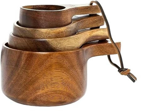 Juego de tazas y cucharas medidoras de madera - Vasos medidores de madera hechos a mano, cucharas medidoras de madera, tazas y cucharas, para hornear, cocinar y té