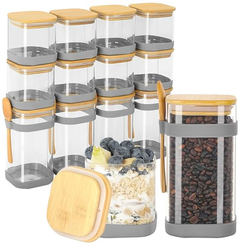 Withosent Bocaux en Verre Lot de 12, 430ml/600ml Bocal en Verre avec Couvercle en Silicone Antidérapant et 4 Cuillères en Bois, Bocaux Epices Empilables, Pot Verre Boite Rangement Cuisine