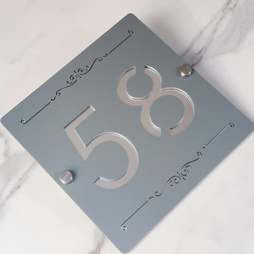 Numéro de maison 3D personnalisé - 18 x 18 cm - En acrylique découpé au laser - Plaque d'adresse moderne personnalisée pour maison, appartement ou bureau - Gris miroir et argenté