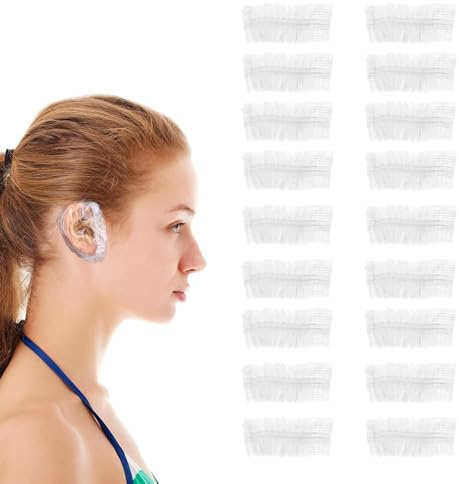 dinghaole 100 Stück Transparente Einweg Ohrenschützer wasserdichte Ohrbedeckungen, Transparente Ohrabdeckung mit Elastischen Bändern,für Bad, Friseursalon,Dusche,Spa