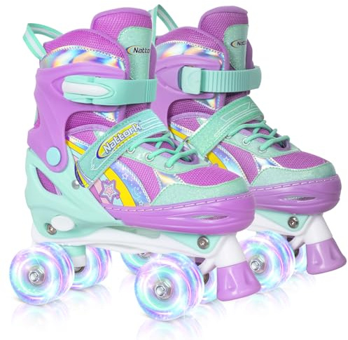 Nattork Rollschuhe für Mädchen, Regenbogen-Einhorn, für kleine Kinder, Kleinkinder, Alter 3–5, 3, 4, 5, 4 Größen, verstellbare Quad-Skates mit allen leuchtenden Rädern, tolles Geburtstagsgeschenk für