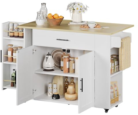 IRONCK 47 in Rolling Kitchen Island with Drop Leaf and Storage, White