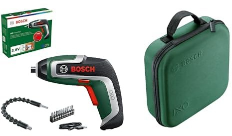 Bosch Visseuse sans fil compacte IXO Flexi Set (7ème génération ; 3,6V ; 2,0Ah ; avec extension flexible et câble micro USB ; pliable à 180° ; 10 embouts) + Bosch Boîte de rangement pour outils