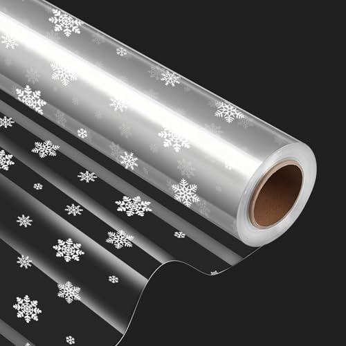 JIANTA Geschenkfolie Transparent Weihnachten, 40cm x 30m Cellophanfolie Rolle, durchsichtiges Geschenkpapier mit Schneeflocken für Weihnachten Thema Geschenke DIY Deko