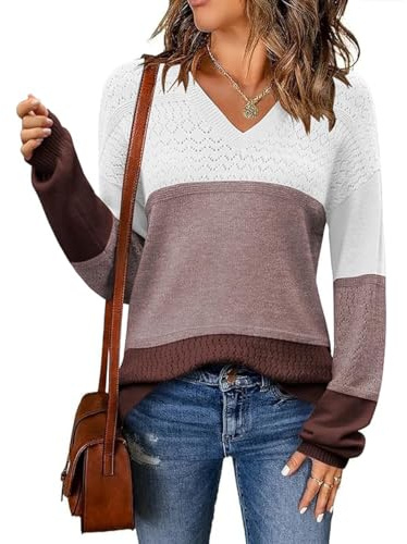 ABINGOO Jersey de Punto Mujer Ligero Cuello en V Suéter Ajustado de Color Bloque Casual Pullover Elegante Sweater Tops