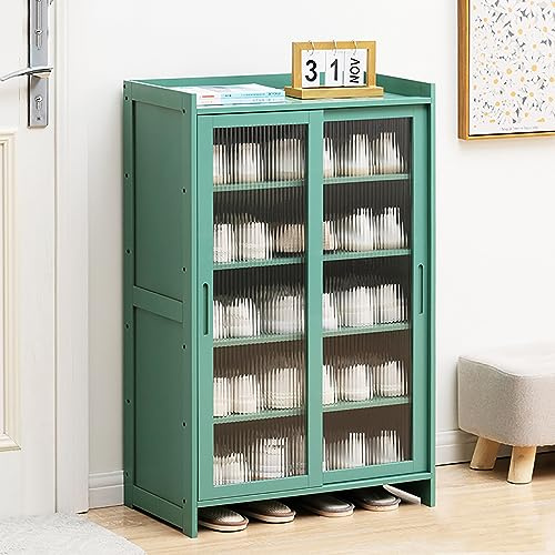 Zapatero de bambú de 5 niveles con puertas correderas, moderno zapatero independiente para entrada, pasillo, sala de estar y baño (verde, 60 x 32 x 93 cm)