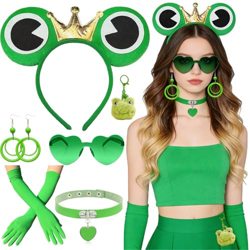 Moizkna Frosch Kostüm Damen Erwachsene, Froschkönigin Grün Kostüm, Frosch Haarreif,Handschuhe,Grüne Herzbrille, Ohrringe, Halskette, Froschkostüm für Halloween Fasching Karneval Cosplay Outfit