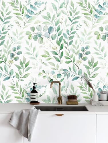 Papier Peint Vert Feuille, 44 x 500 cm Papier Peint Autocollant Feuille D'eucalyptus Vert et Blanc Fleurs Feuille Botanique Bohême Papier Autocollant pour Meuble,Chambre,Salon,Salle de Bain,Cuisine