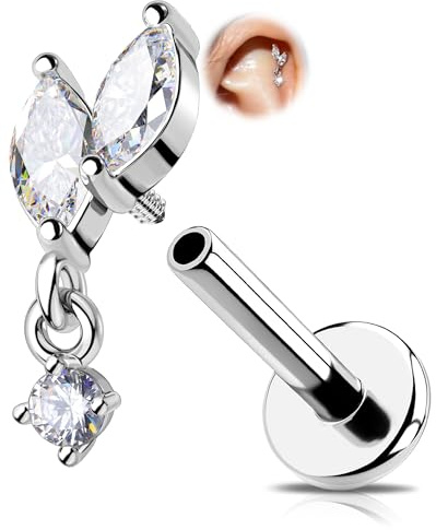 OUFER 16G Hilo Interno Helix Piercing de Acero Quirúrgico 316L Piercing de Cartílago para Oreja 8 mm Colgante Piercing Anillo Concha CZ Claro Piercing Tragus Joyería para Mujeres, 16G6mm, Acero