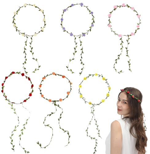 6 Stück Blumenkranz Haare, Blumenkranz Stirnband Set Hochzeit Festival | Weiß Lila Gelb Rot Rosa Orange, Boho Accessoire, Haarschmuck