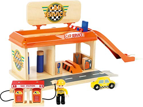 small foot 10799 Werkstatt mit Tankstelle, Parkdeck, Waschanlage und Zubehör, wie Zapfsäulen und Tankwart, ab 3 Jahren