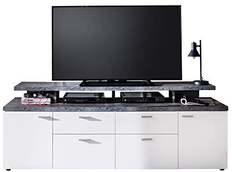 trendteam smart living - Mood - TV-Schrank - Weiß/Grau - TV-Lowboard mit 2 Türen, 2 Schubladen und 2 Klappen - (BxHxT) 180 x 66 x 47 cm - Kabeldurchführung