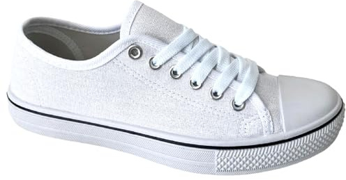 Ladies Unisex Flat Casual LACE UP Girls Pumps Canvas Plimsolls Womens Trainers Shoes Gym Sports Trainers Lightweight Comfortable PE White