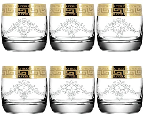 Whiskey Glasses Set of 6 with Gold Rim for Men or Women, Dad, Granddad Gift Set - Round Bottom Modern Design - 250ml (Baroque Style FBA)